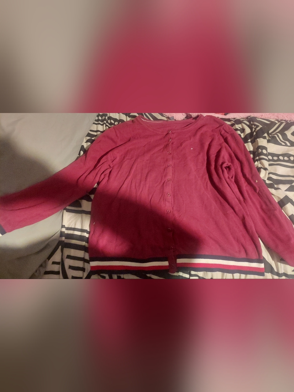Tommy Hilfiger Burgundy Button-Up Cardigan with Striped Hem